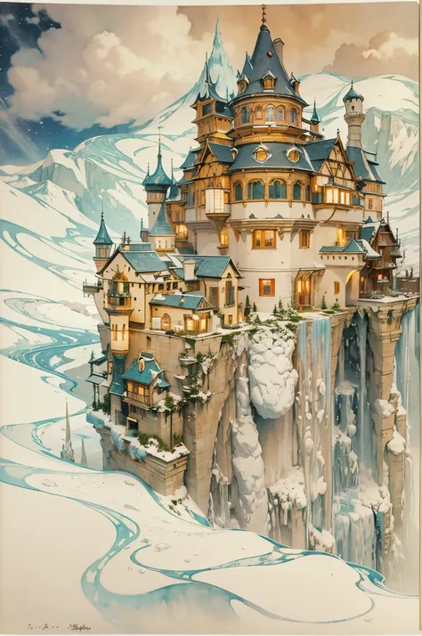 （Egon Schiele）(Frozens worldview) There is a beautiful princess in a fantastic castle made of ice. She can use ice magic, but she fears that it will harm the villagers, so she magically builds an ice castle deep in the mountains, far from human habitation....