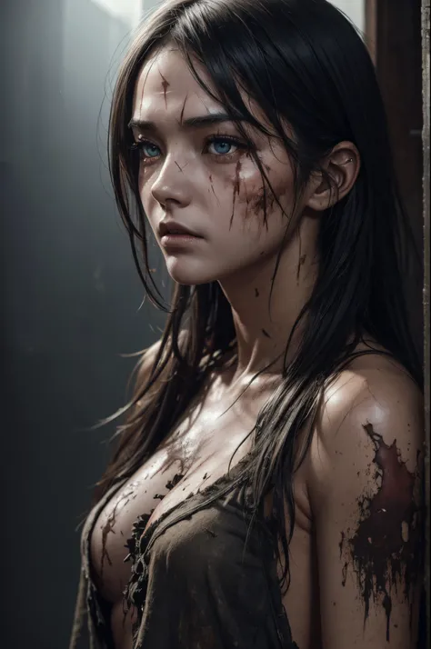 8K、zombie、tatteredclothing、rotten skin on the face、A face full of scars,Dirty muddy hair、Highly detailed dry rotten peeling dead skin、Malnourished women、Blind、wide angles、detailed environment、细致背景、A highly detailed、with an intricate、Detailed skin、Natural c...