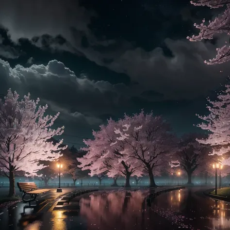 Create a (8k) high detail photography,walking park no humans,night atmosphere, a lot of cherry blossoms, lightings in park, seeting benches, (coordinator - Unreal Engine) (1.5) surrounded high fog whether, (water),(deep night), (dark deep road), --(cloud t...