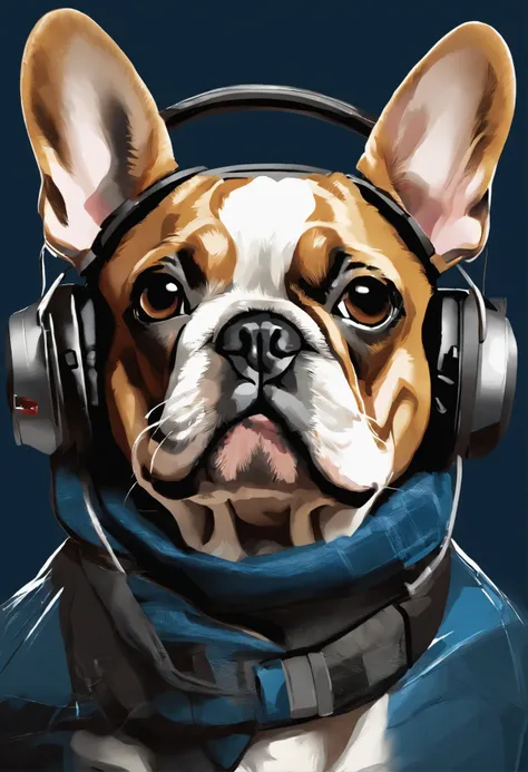 Perfekte Zentrierung, Cute French bulldog, Wear a jacket for the student team, Tragen einer Sonnenbrille, Wearing headphones, Frohsinn, Stand, abstract beauty, zentriert, Blick in die Kamera, Der Kamera zugewandt, approaching perfection, dynamisch, Highly ...