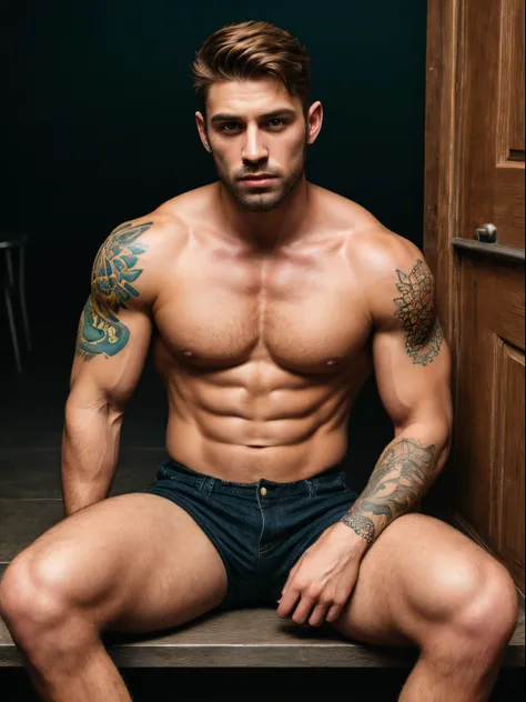 A photorealistic portrait of a insanely handsome man, no shirts, very strong, short messy hair, chiseled and extremely tattooed sitting on a step next to a big fierce dog, a large door as the background, a colorized photo by Jesse Richards, instagram conte...