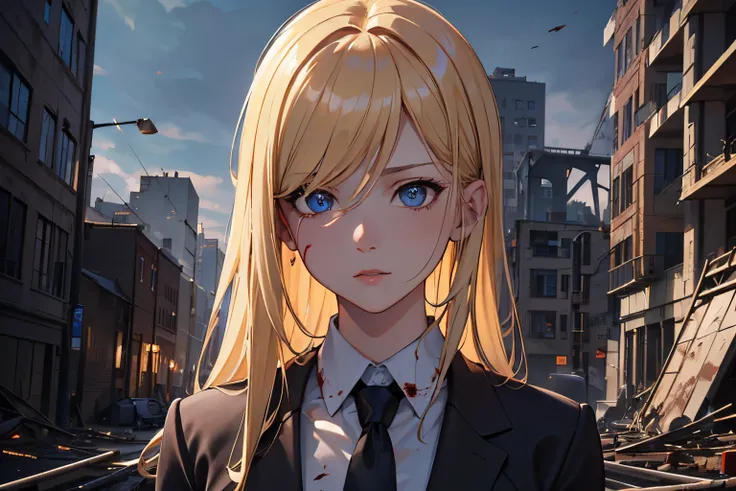 masterpiece, best quality, 1girl, blonde hair, blue eyes, suit and tie, covered in blood, destroyed building, burning building, ...