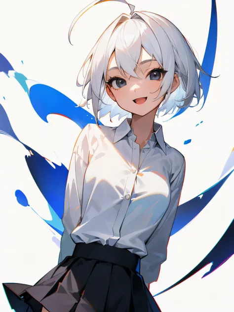 ((masterpiece, best quality)), (1girl), (solo), (female focus), (ahoge, white hair, short hair), black eyes, light smile, open mouth, ((white shirt), (buttoned shirt), (button gap)), ((black skirt), (short skirt)), standing, white background, arms behind b...