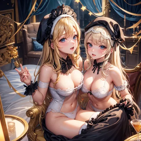 Vêtements de dentelle sexy cosplay père Noël bonnet de nain , couché, épaules nues, fesses nues, seins nues, cheveux blonds, taches de rousseur, lit, chapeau