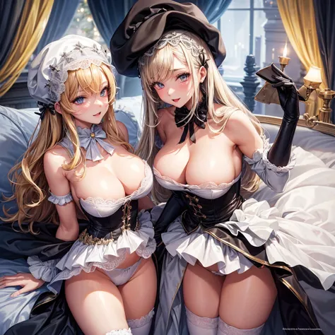 Vêtements de dentelle sexy cosplay père Noël bonnet de nain , couché, épaules nues, fesses nues, seins nues, cheveux blonds, taches de rousseur, lit, chapeau