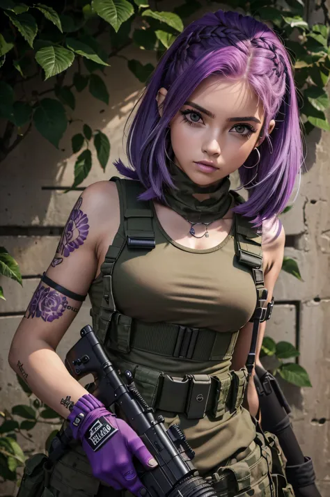 ((tiro de corpo inteiro, fotografia RAW, DSLR)) tactical, Dedos bonitos,Dedos detalhados,mulher, Lado europeu, Estilo Tank Menina, Garota punk-rock(Cabelo roxo e rosa curto: 1.5), Fortemente tatuado, rebelar-se, agressivo, Feiticeira,Garota alternativa,Sai...