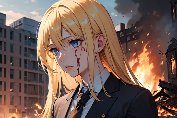 masterpiece, best quality, 1girl, blonde hair, blue eyes, suit and tie, covered in blood, destroyed building, burning building, fire, sad, detailed eyes, detailed facial features, realistic and high resolution (best quality, 4k, 8k, highres, masterpiece:1....