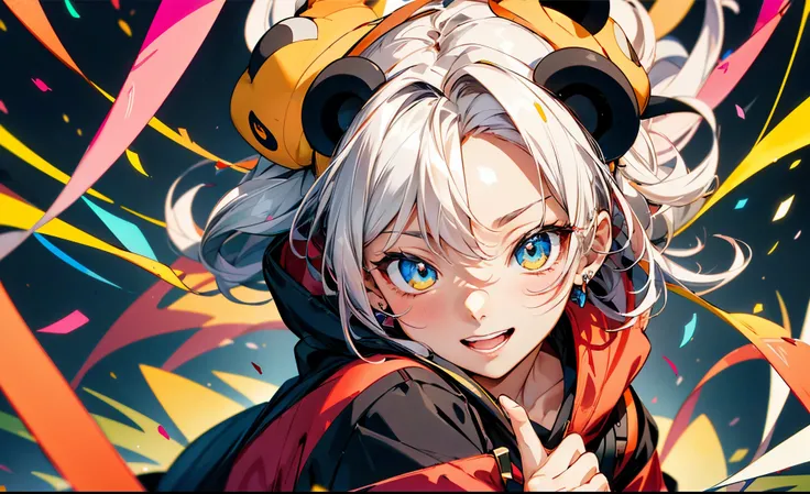 (Anime girls wear red and black hoodies, white, Pink, yellow, Blue confetti on hood, In the style of cute cartoon-like design, Electrical color scheme, Dark white and dark bronze, Vivid color scheme, Happy Expressionism, 20mp, Dynocore), (Anime panda girl ...