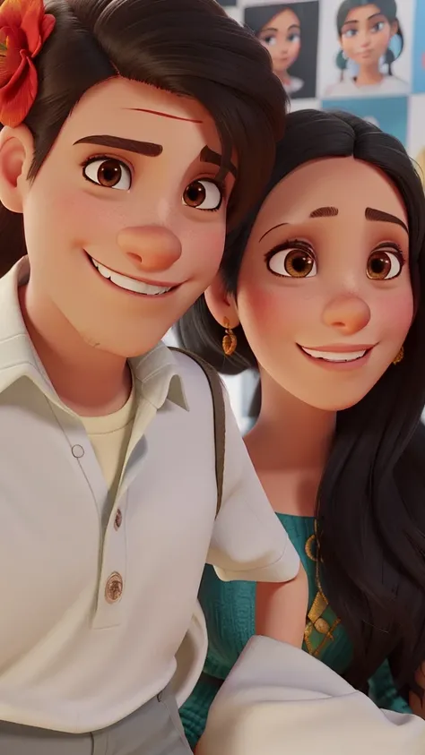 Um casal de frente, close UP no rosto usando roupas brancas, sorrindo, cabelo preto tudo no estilo Disney pixar, garota usando top curto rosto estilo moana cabelo longo ondulado com olhos escuros ao lado de rapaz com olhos verdes usando camisa estampada fl...