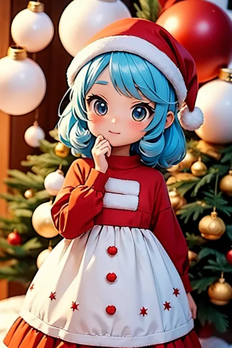 ((Ornaments)) in a christams tree which as the perfect shape of a cute anime girl dress in santa clothes.