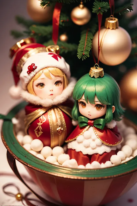 ((Ornaments)) in a christams tree which as the perfect shape of a cute anime girl dress in santa clothes.