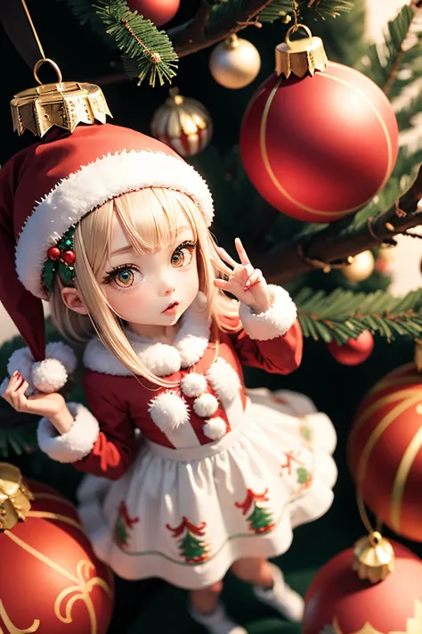 ((Ornaments)) in a christams tree which as the perfect shape of a cute anime girl dress in santa clothes.