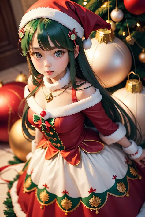 ((Ornaments)) in a christams tree which as the perfect shape of a cute anime girl dress in santa clothes.