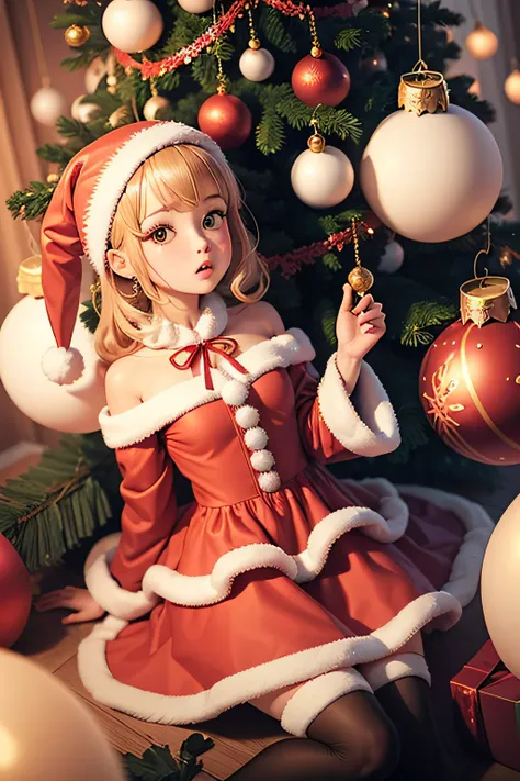 ((Ornaments)) in a christams tree which as the perfect shape of a cute anime girl dress in santa clothes.