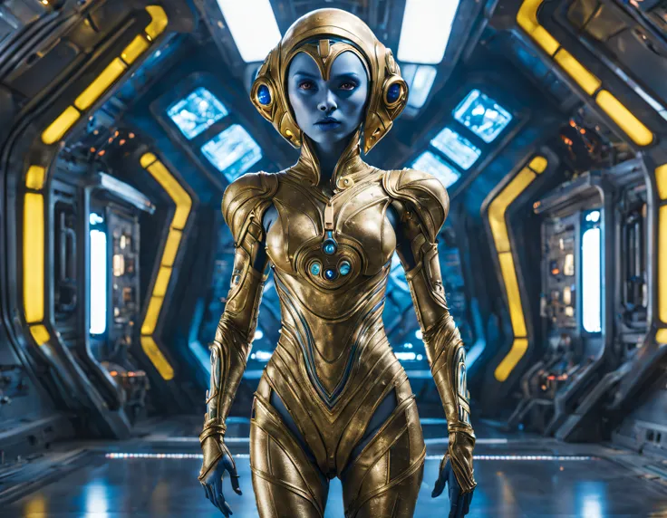 (cuerpo completo), extraterrestrial alien female similar to Lihö-Minaa princess of the people of the planet mül from the film Valerian and the city of a thousand planets , cuerpo atletico y exuberante, vestida de traje de noche corto, engarzado con oro ref...