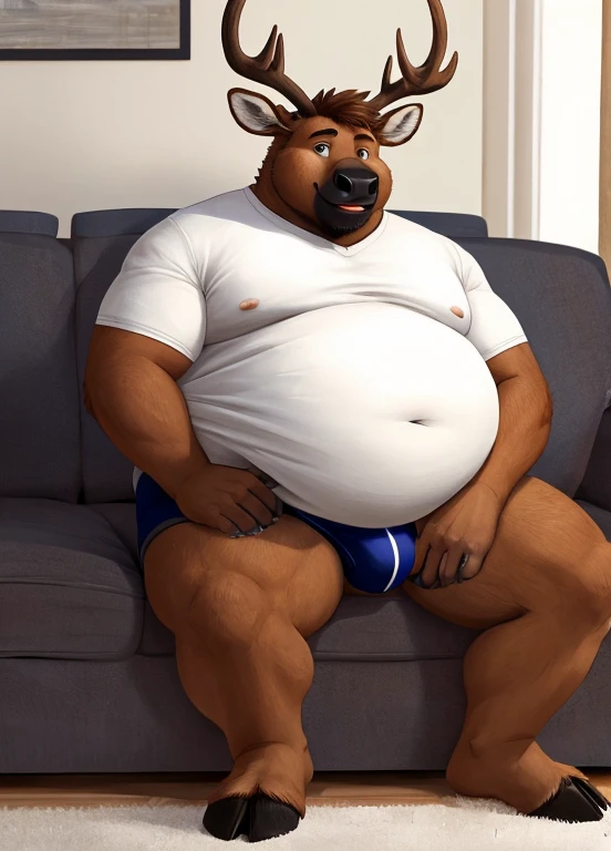 solo, elk, anthro, male, chubby cheeks, detailed face, obese, very large belly, wearing white t-shirt, wearing briefs, holding a glass of wine, happy, indoors, inside living room, sitting on sofa