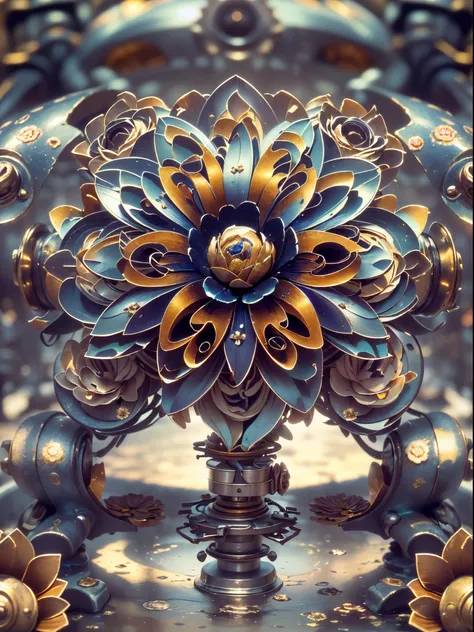 ((best quality)) , ((masterpiece)) , (detailed) , (realistic) ,,(((A metal flower))),(metallic texture), (mechanical details), detailed mundane,  from inside The River Lethe, Spring, tilt shift, Brocore, Starlight, absurdres, masterpiece, 8k resolution