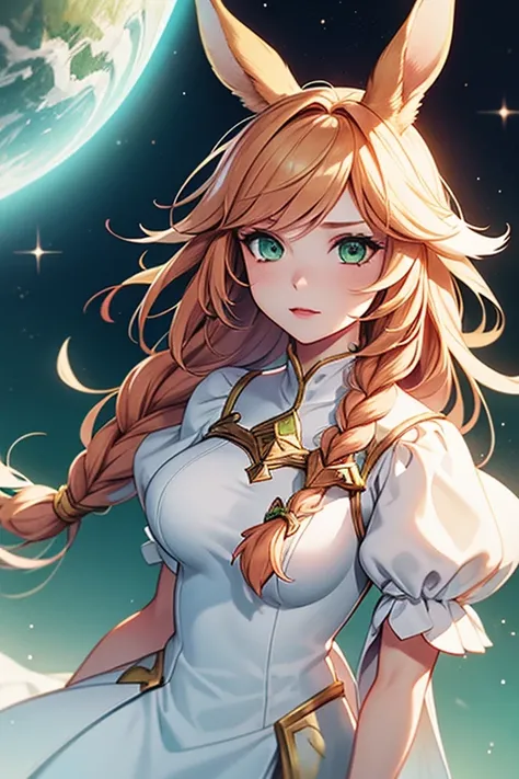 1girl, Viera Final Fantasy 14, White Mage job, White mage dress , Ginger Hair, Green eyes, Braided Hairr, Pale ,  No Ears; Portrait, in space,