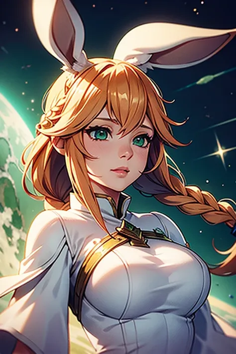 1girl, Viera Final Fantasy 14, White Mage job, White mage dress , Ginger Hair, Green eyes, Braided Hairr, Pale , No Ears; Portrait, in space,