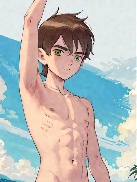 highres, masterpiece, best quality at best,best quality,hight quality, hight detailed, 1boy, bentennyson, green eyes, (shirtless...