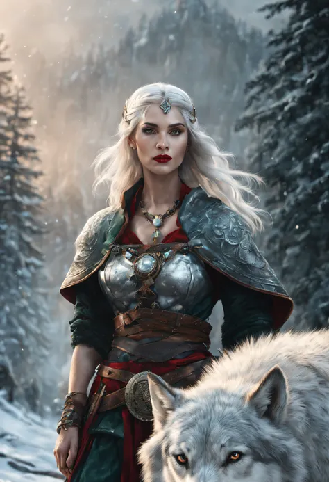 Very beautiful Lady of the Wild Hunt. Attractive slender woman with hip-length white hair, emerald green eyes, red lips. Lots of jewellry. Dressed in viking dress. Frost on the ground. Standing next to large wolf, Photorealistic, full body, Action pose,ult...