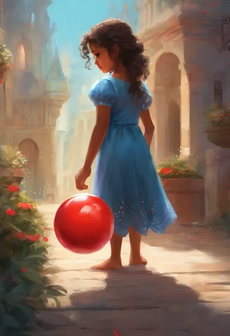 Little latina girl, playing with a small red ball, on the sidewalk, blue dress with white dots