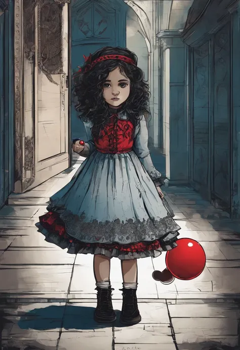 Little latina girl, playing with a small red ball, on the sidewalk, blue dress with white dots