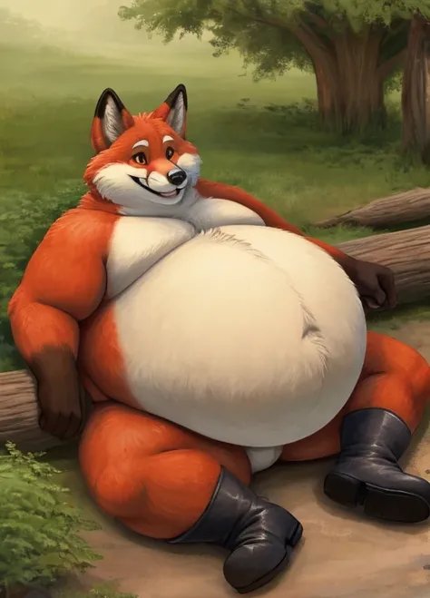 solo, fox, male, red fur, brown eyes, extremely fat cheeks, fluffy tail, obese, very large belly, paw on belly, wearing boots, smiling, detailed face, outside, daytime