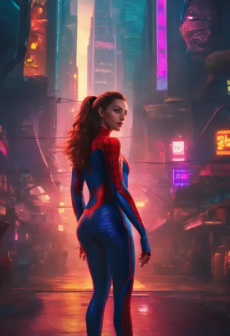 Full body photo of female Spiderman, atmospheric scene, (1girl, detailed beautiful face, big, breasts, big butt, detail skin texture, ultra-detailed body:1.1), rear view, masterpiece, best quality, UHD, masterpiece, super detail, high details, high quality...