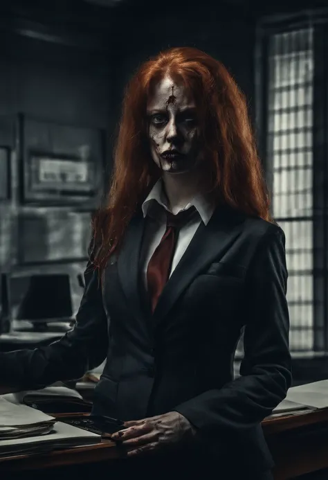 Red haired woman in a lawyer office, buisness suit