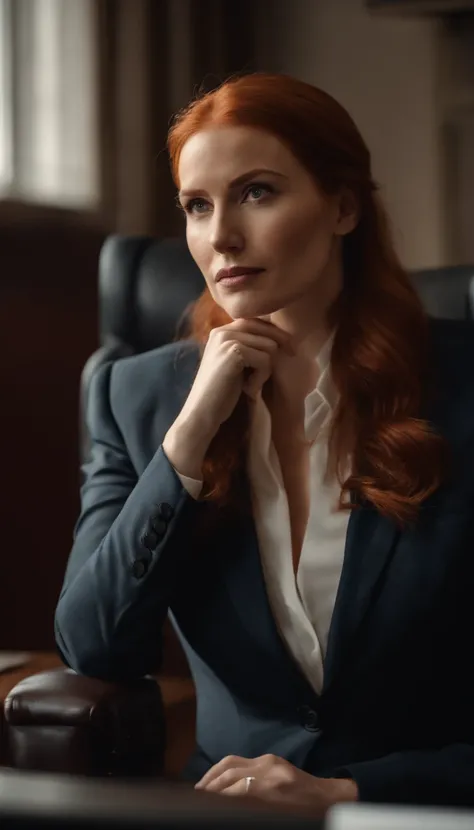 Red haired woman in a lawyer office, buisness suit