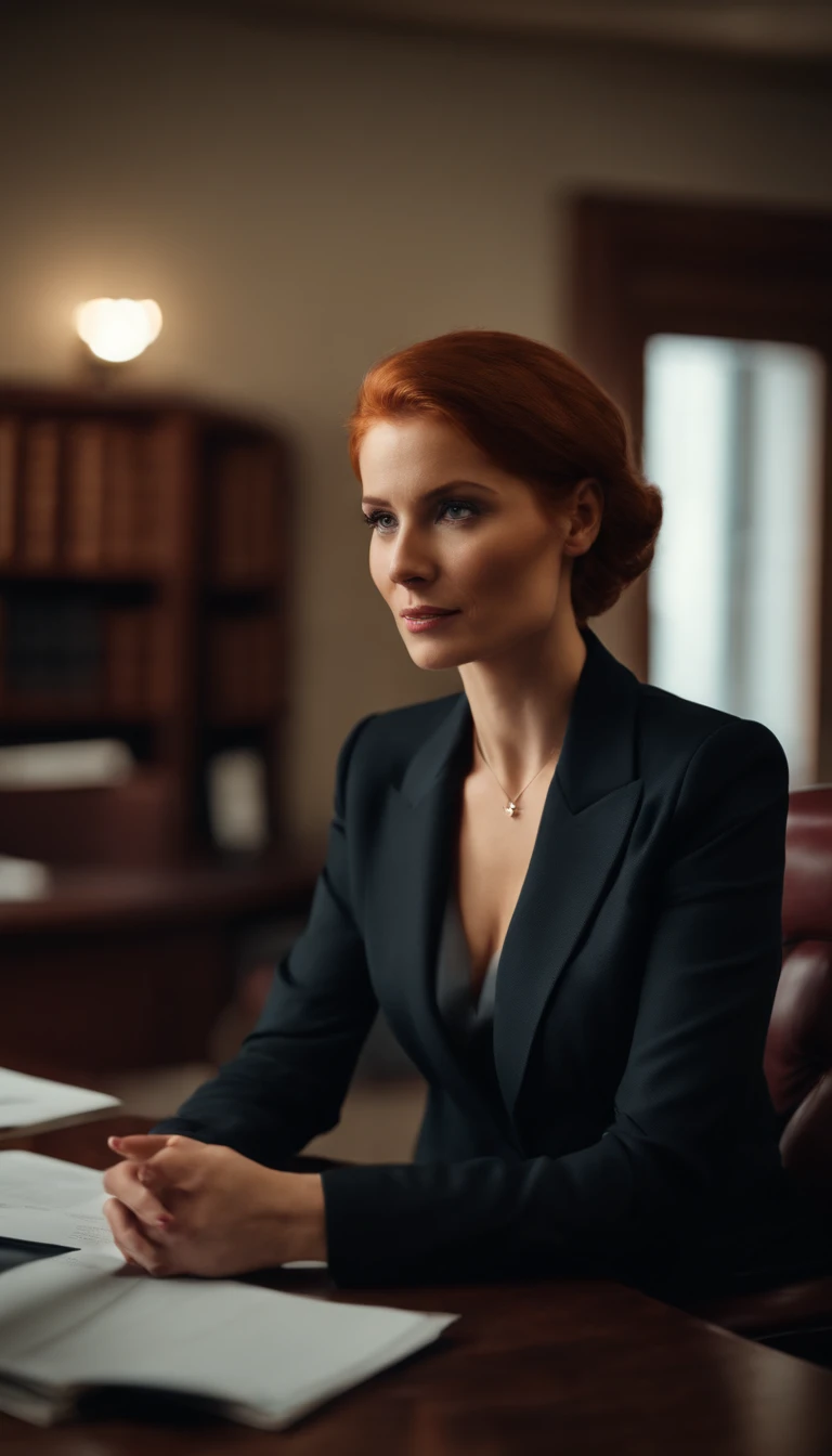 Red haired woman in a lawyer office, buisness suit