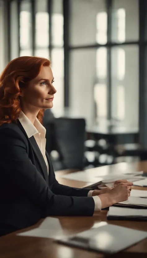 Red haired woman in a lawyer office, buisness suit, handing files to a blomde hair lawyer