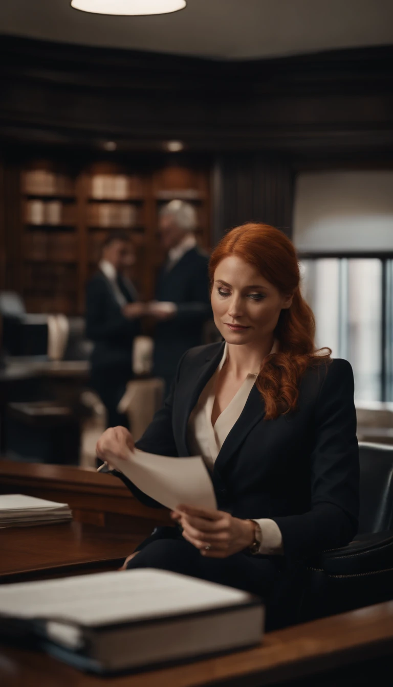 Red haired woman in a lawyer office, buisness suit, handing files to a blomde hair lawyer