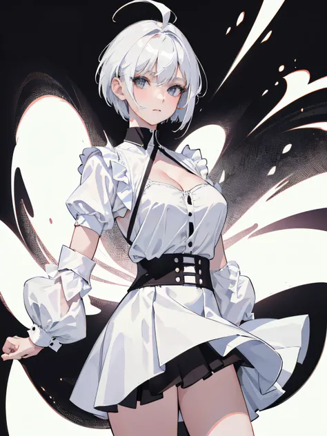 ((masterpiece, best quality)), (1girl), (solo), (female focus), (ahoge, white hair, short hair), black eyes, ((white shirt), (cleavage shirt)), ((black skirt), (short skirt)), standing, white background, arms behind back, round boobs