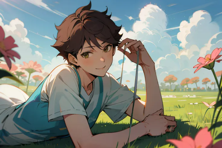 oikawa tooru,lying on floor,looking at viewer,grass,sunny day, smiling, blue sky, clouds, flowers