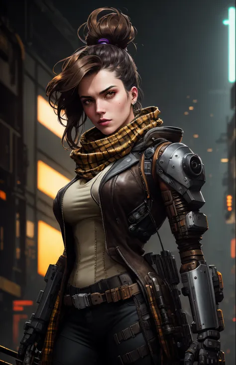 (dark shot:1.1), epic realistic, futuristic steampunk outfit with cybernetic arms, ((facing viewer)), (frontal hot:1.1), light brown eyes, tartan scarf, light brown hairhair by atey ghailan, by greg rutkowski, by greg tocchini, by james gilleard, by joe fe...