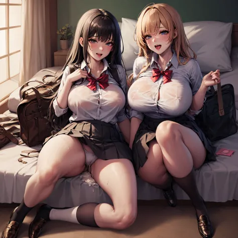 ultra detailed,8k, [ 4k digital art ]!!,anime girls,hair,(school uniform:1.2),bow tie,pleated checked skirt,navy socks,loafers,naughty undies,curvy body,2girls having sex at spacious personal room,messy bed,school bag,condoms,bukkake on body,wet skin,wet h...