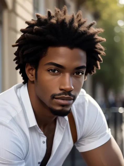 Réaliste, portrait d’un jeune homme afro-américain, Visage incroyablement beau, lumière du soleil, Lumière cinématographique, cheveux venteux en désordre, Homme incroyablement beau, beaux yeux, anatomie parfaite, très masculin , peau dorée bronzée, Prince ...