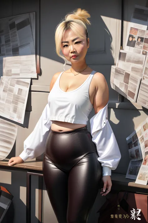 Wear tight leather pants，Asia face，Fair skin，arrogant，disgusted expression，Impatient look，a little bit chubby，Muscular，Bigchest，The chest is obvious，Fat on the stomach，with a round face，Fat woman