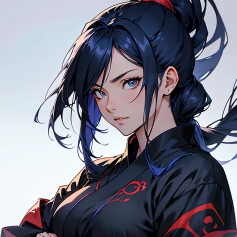 anime image of an adult woman with dark blue hair and black eyes, long hair, silky smooth hair, 1woman, solo woman, anime beautiful woman, female anime character, head shot, close up shot, simple background, ninja clothing, japanese clothing, dark clothing