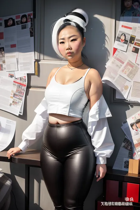 Wear tight leather pants，Asia face，White skin of the，arrogant，disgusted expression，Impatient look，a little bit chubby，musculous，Bigchest，The chest is obvious，Fat on the stomach，with a round face，Fat girl，18yr old