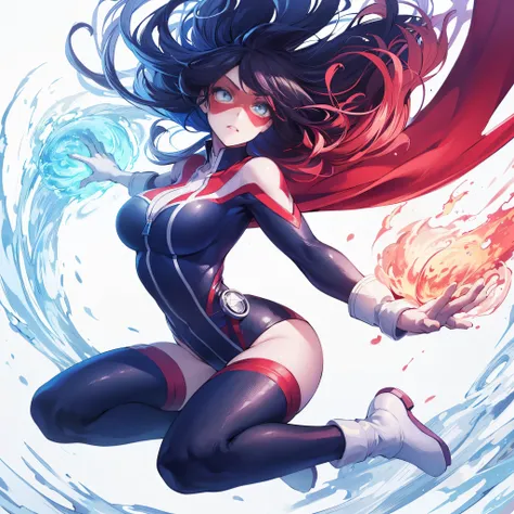 (masutepiece, of the highest quality), (Perfect athlete body: 1. 2), (Fine hair), Ultra Detail, Anime style, Full body, Solo, Superpowered high school girl heroine, hero domino mask, highleg leotard, Gloves and knee boots, image color: red and blue, Black ...