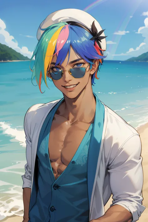 One man, finely detailed eyes, intricate details, portrait, looking at viewer, solo, half shot, detailed background, detailed face, muscular, wearing a flat hat, wearing sunglasses, rainbow hair, tanned skin, blue swim trunks and a thin cardigan beach back...