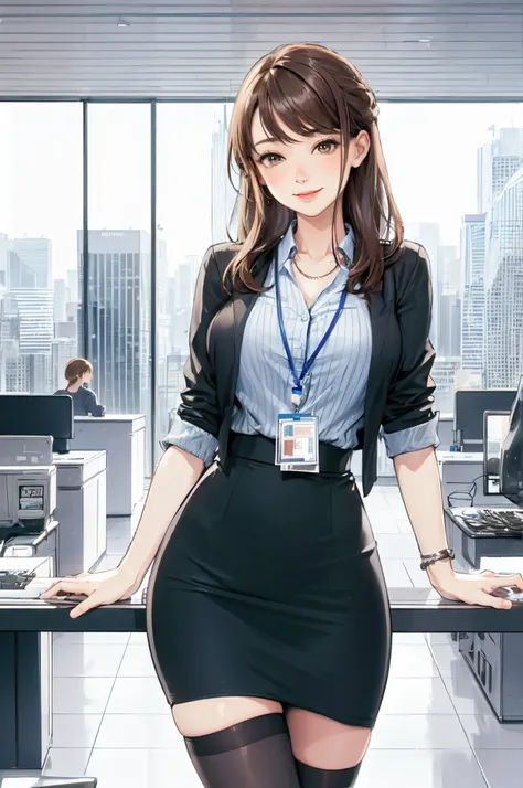 1lady standing, /(casual shirt/) (pencil skirt:1.1) /(id card lanyard/), mature female, /(brown hair/) bangs, blush kind smile, ...