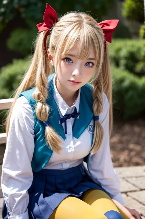 (masterpiece、best quality、extremely detailed 8k、ultra hd、ultra-detailed、highly detailed、highly realistic、photo realistic)、(beautiful realistic face、detailed realistic face)、 1 blonde girl, schoolgirl, long blonde hair, blonde hair with 2 pigtails, red bows...