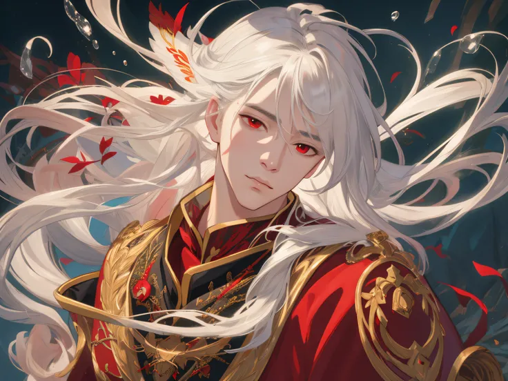 nsfw，tmasterpiece，Need，ultra - detailed，Semi-realistic，Detailed facial features，1boy，whaite hair，long whitr hair，red - eyed，Wearing exquisite fairy costumes，recital，Play