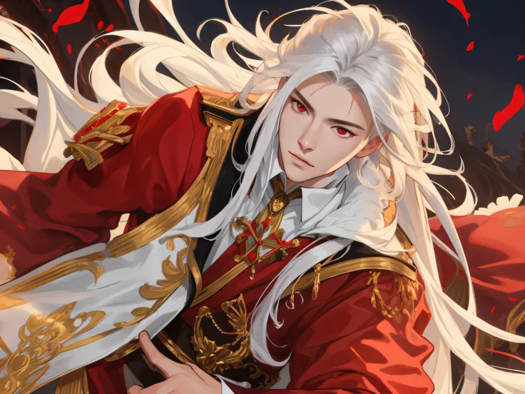 nsfw，tmasterpiece，Need，ultra - detailed，Semi-realistic，Detailed facial features，1boy，whaite hair，long whitr hair，red - eyed，Wearing exquisite fairy costumes，recital，Play