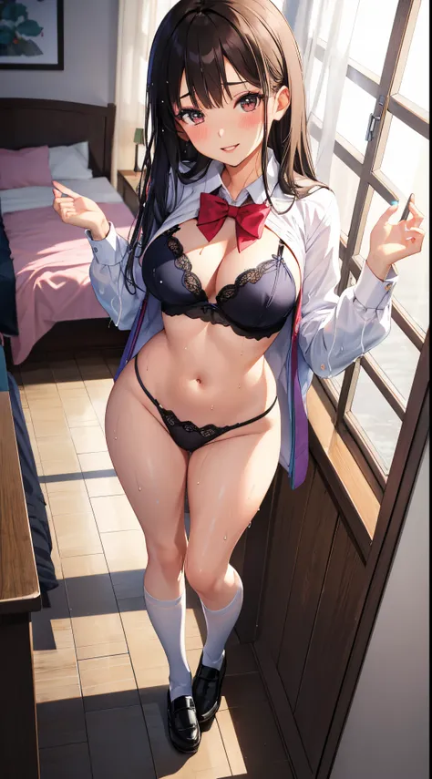 1girl in, Parted lips, blush, makeup, lightsmile, School uniform, Full body, Wide Angle, From  above, crass room, llight rays, Glow, thighs thighs thighs thighs, 鎖骨, Narrow waist, (masutepiece), Wallpaper,Wet body、Micro lingerie that can be seen even over ...