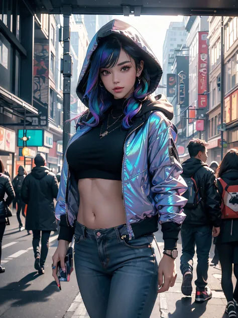 an extremely beautiful adult woman walking on the city road, The girl wears a short jacket with a hood, belly with muscles, tight pants, thick legs, big ass, cyberpunk high-top sneakers, a road with modernized buildings in full black with lights, { extreme...